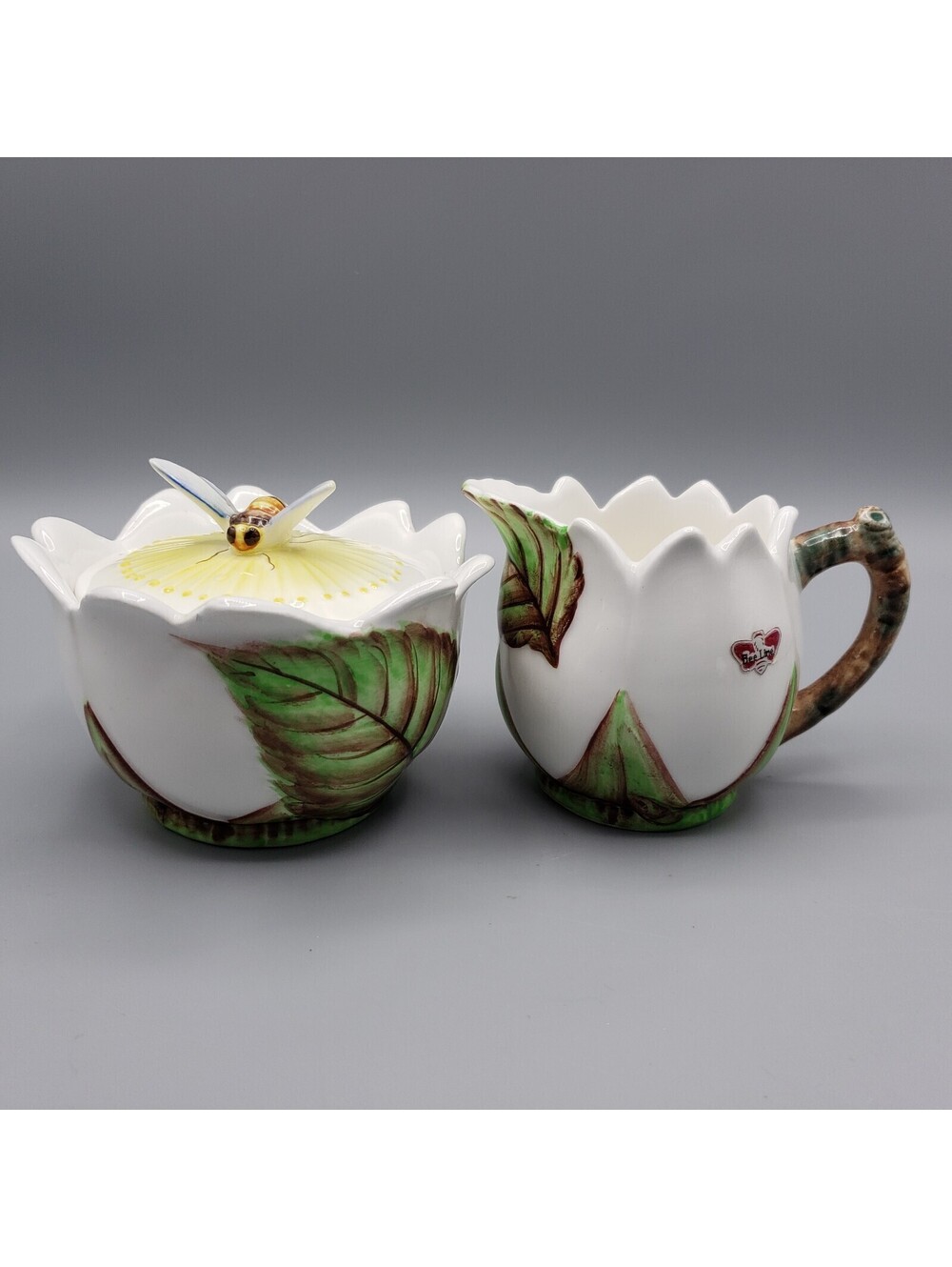 Vintage Lefton Bee Line Creamer & Sugar Set Bumble Bee Ceramic #1291 Japan